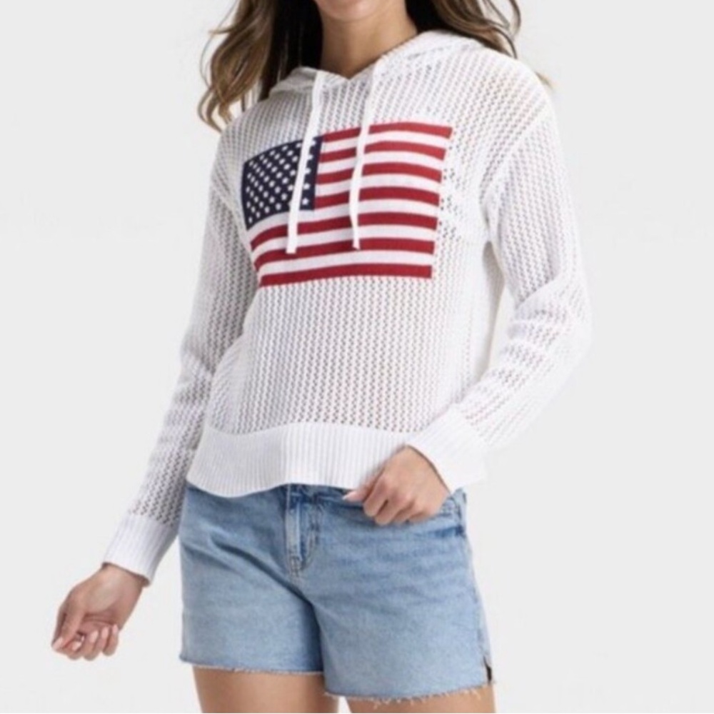 Flag Pullover Medium Sweater Stitched Hooded Ligh… - image 2